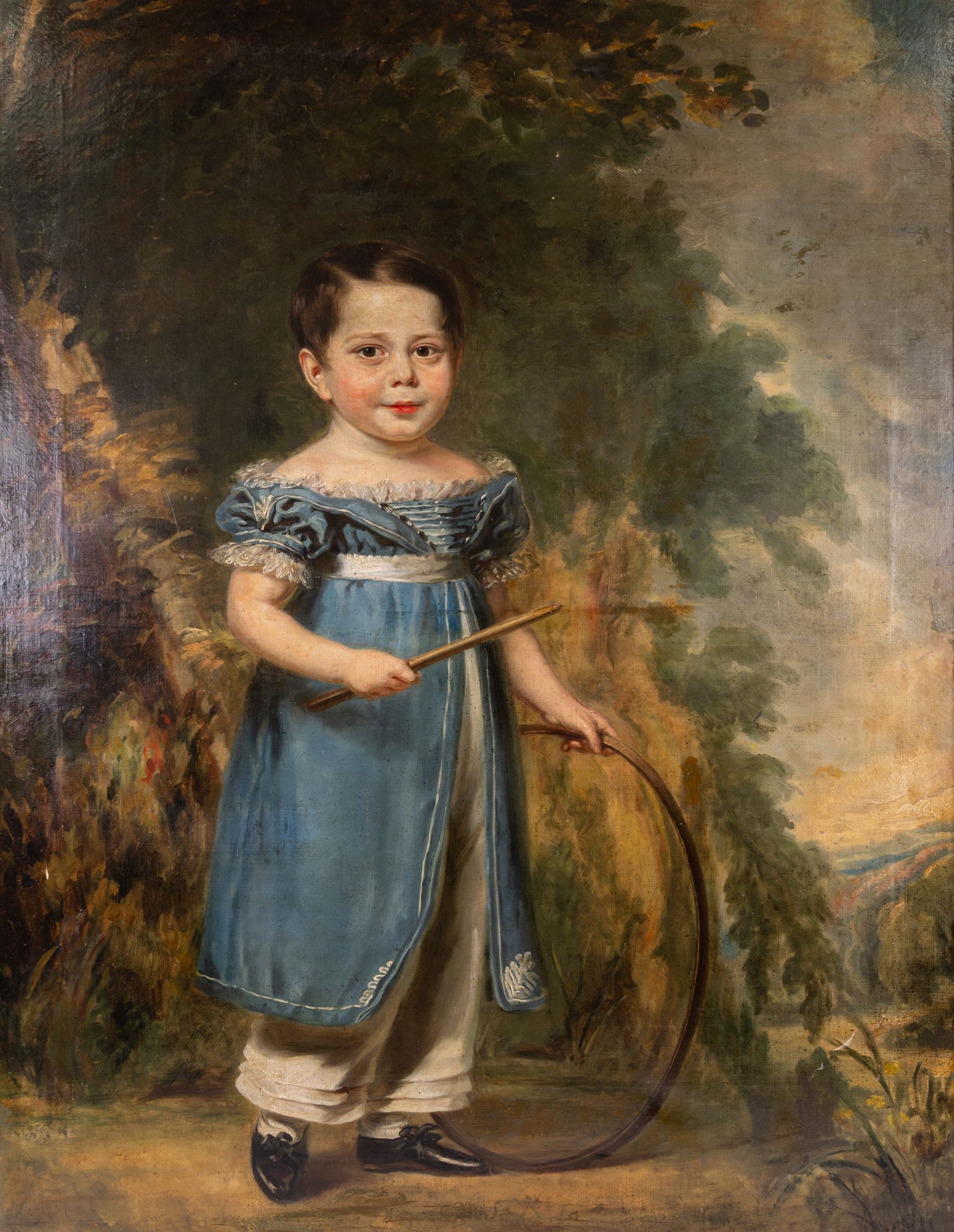 English Naïve School (Early 19th century): Portrait of a Young Boy with Stick and Hoop, oil on canvas unsigned 123cm x 95cm