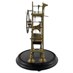 Brass skeleton clock, the single fusee movement with silvered Roman numeral dial, upon an ebonised circular base, missing the glass dome, H32cm