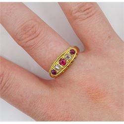 Early 20th century 18ct gold five stone ruby and rose cut diamond ring, Birmingham 1919 and a gold pearl swallow brooch