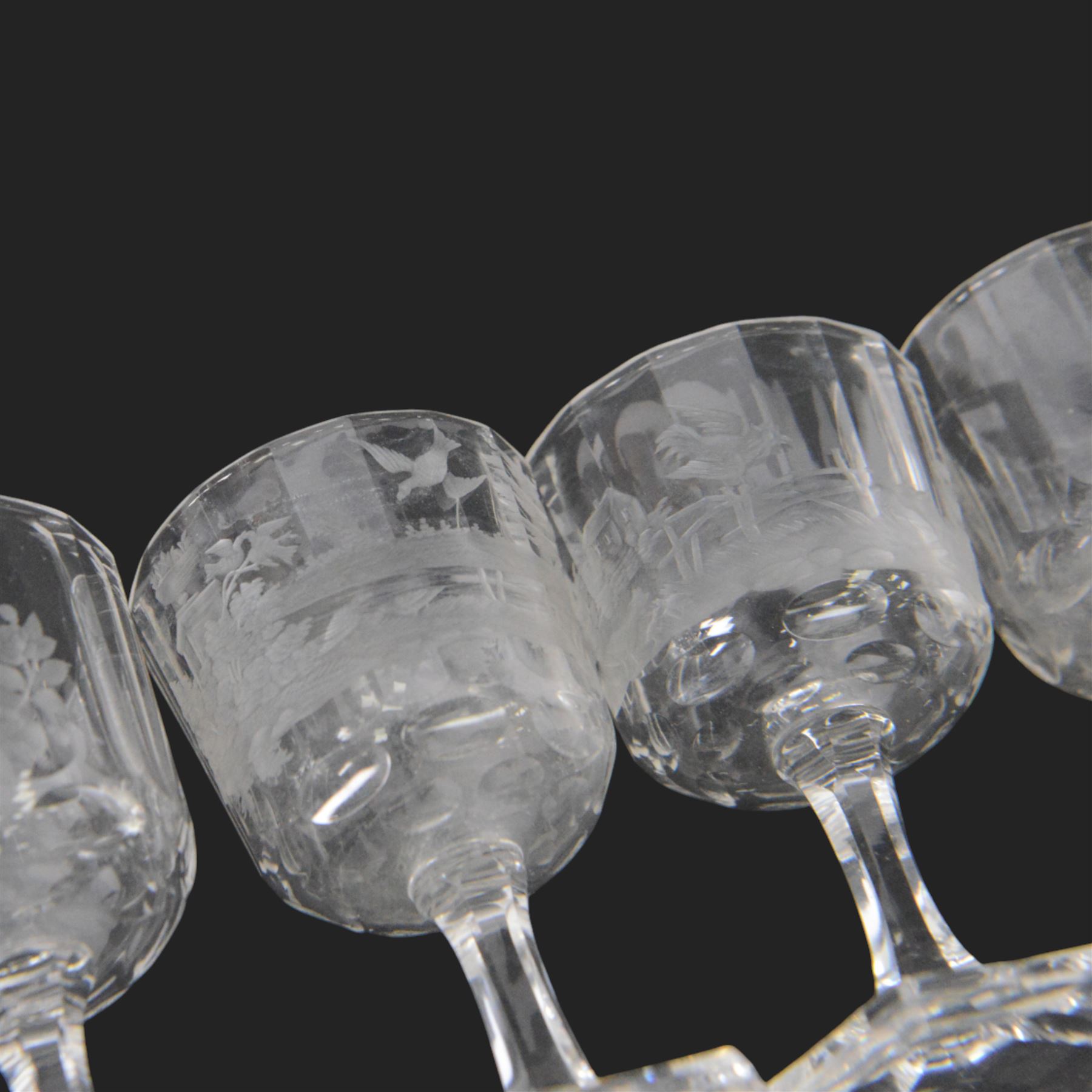 Set of four Galle, Nancy, intaglio engraved liqueur glasses, Gallé, Nancy, circa 1880, each with faceted bucket bowl engraved with animals within landscape settings, upon hexagonal stems and hexagonal feet, two examples engraved 'Galle Reinemer a Nancy', one engraved 'Galle a Nancy', and one unsigned, H7cm