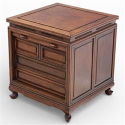 Early 20th century Chinese hardwood filing cabinet, moulded rectangular top over a tambour shutter front with twin recessed handles enclosing an arrangement of graduated drawers, raised on short cabriole legs with shaped apron
