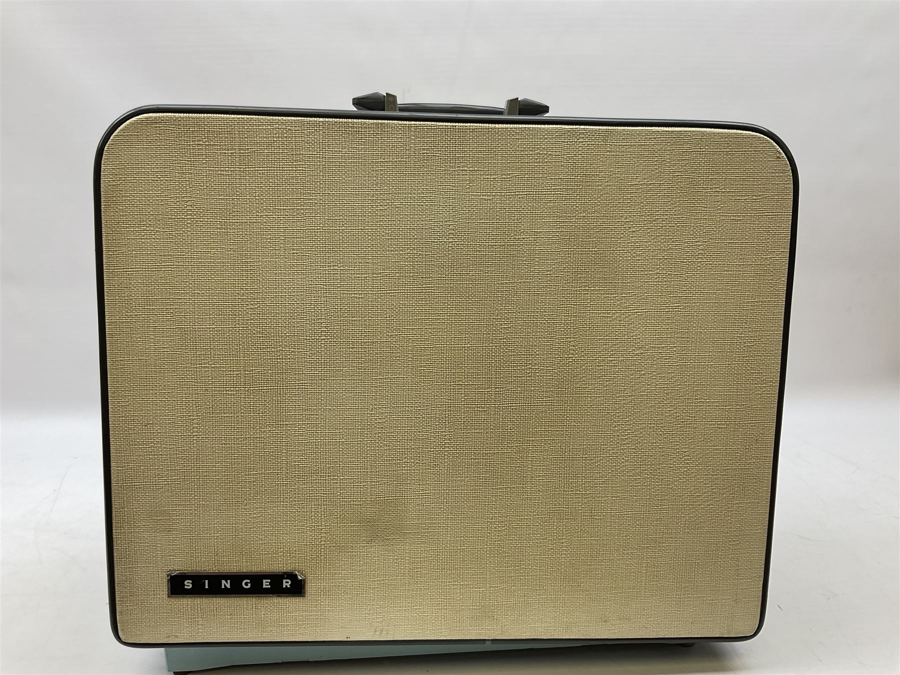 1960s model 347 Singer sewing machine, in baby blue colourway with pedal and original case