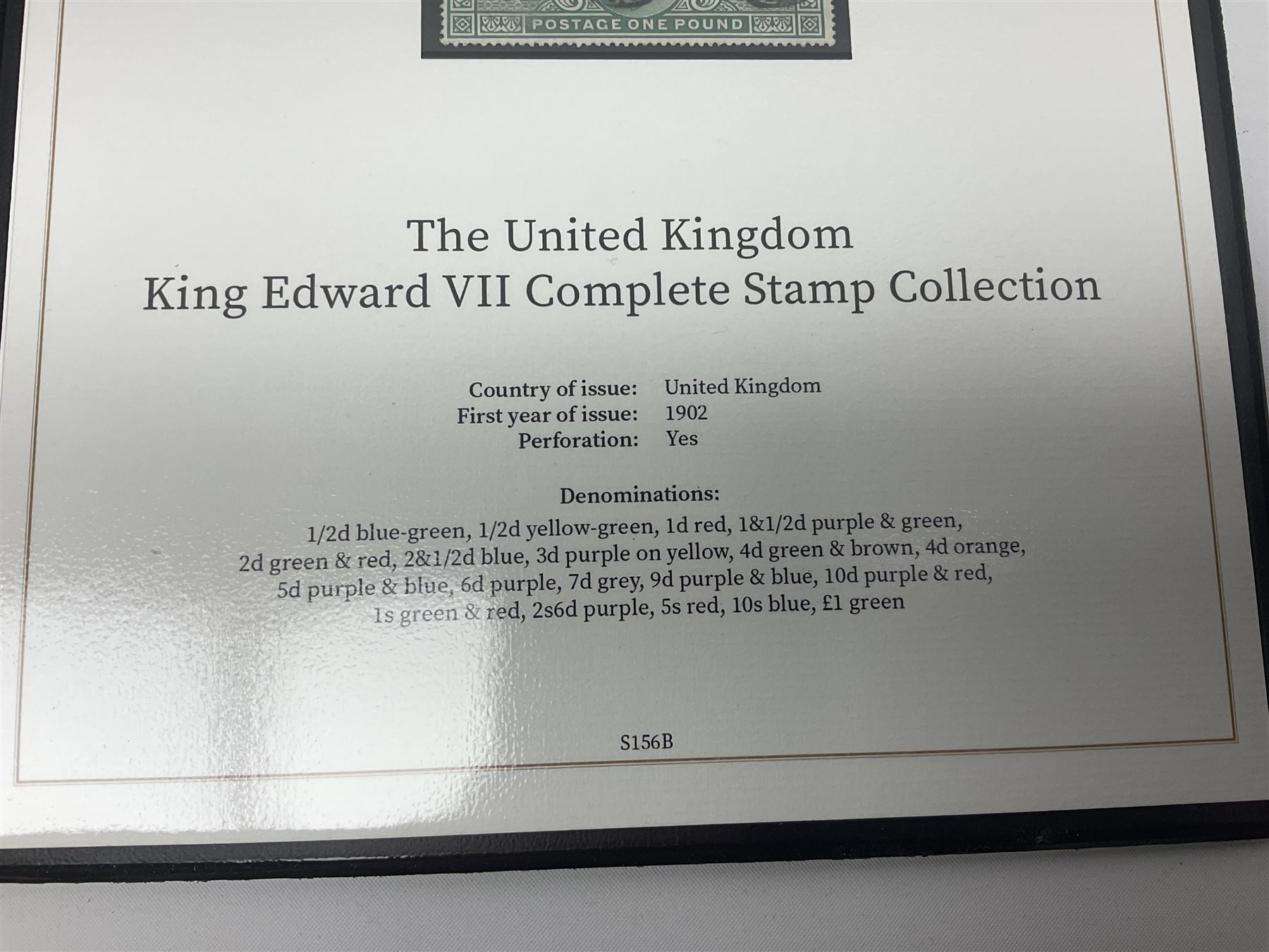 Great Britain King Edward VII one pound green stamp, two shillings sixpence purple, five shillings red, ten shillings blue etc, forming 'The United Kingdom King Edward VII Complete Stamp Collection', all used, previously mounted, housed in a Harrington and Byre folder