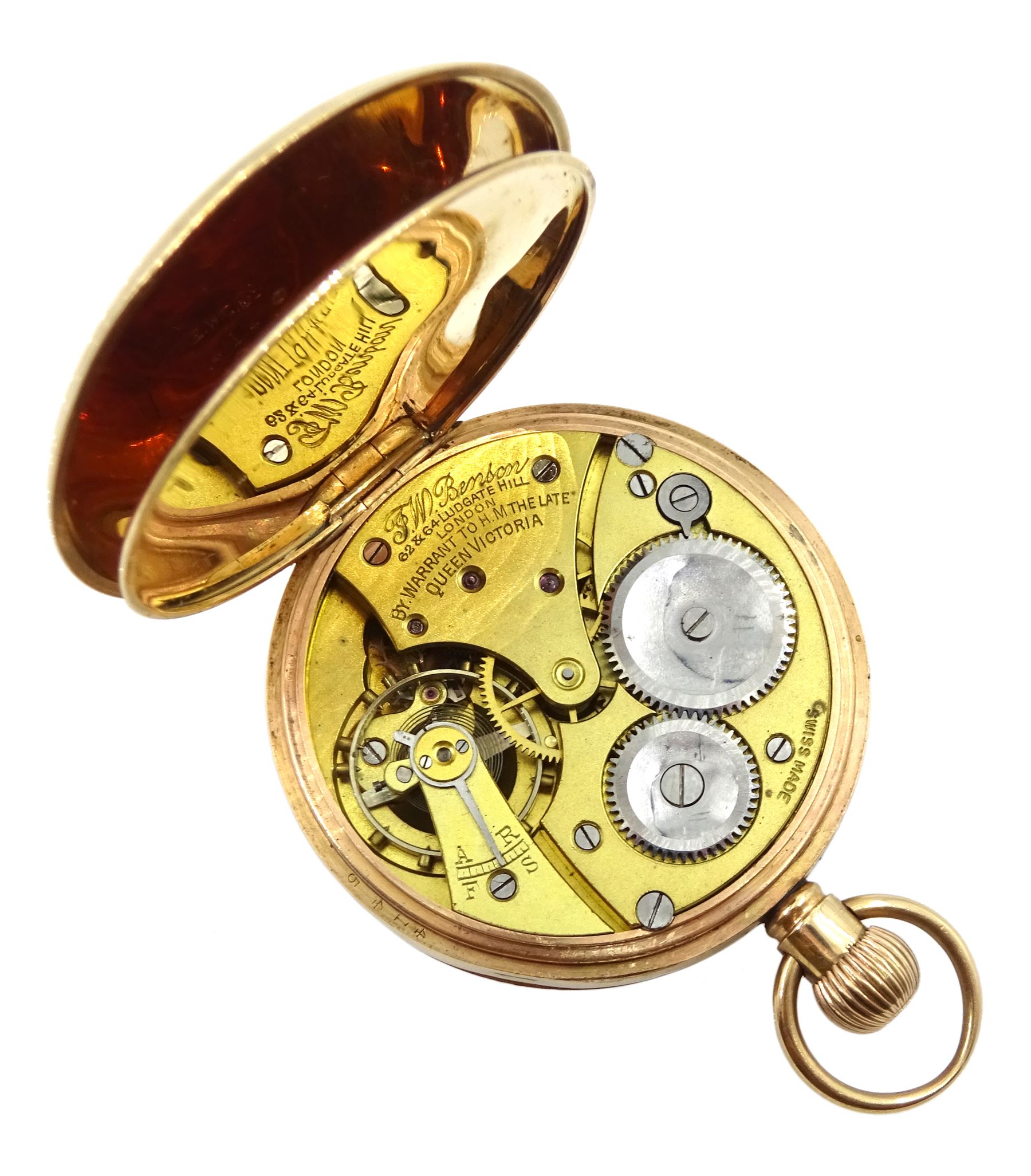 9ct gold open face keyless lever pocket watch by J W Benson, London, white enamel dial with Roman numerals and subsidiary seconds dial, Birmingham 1925