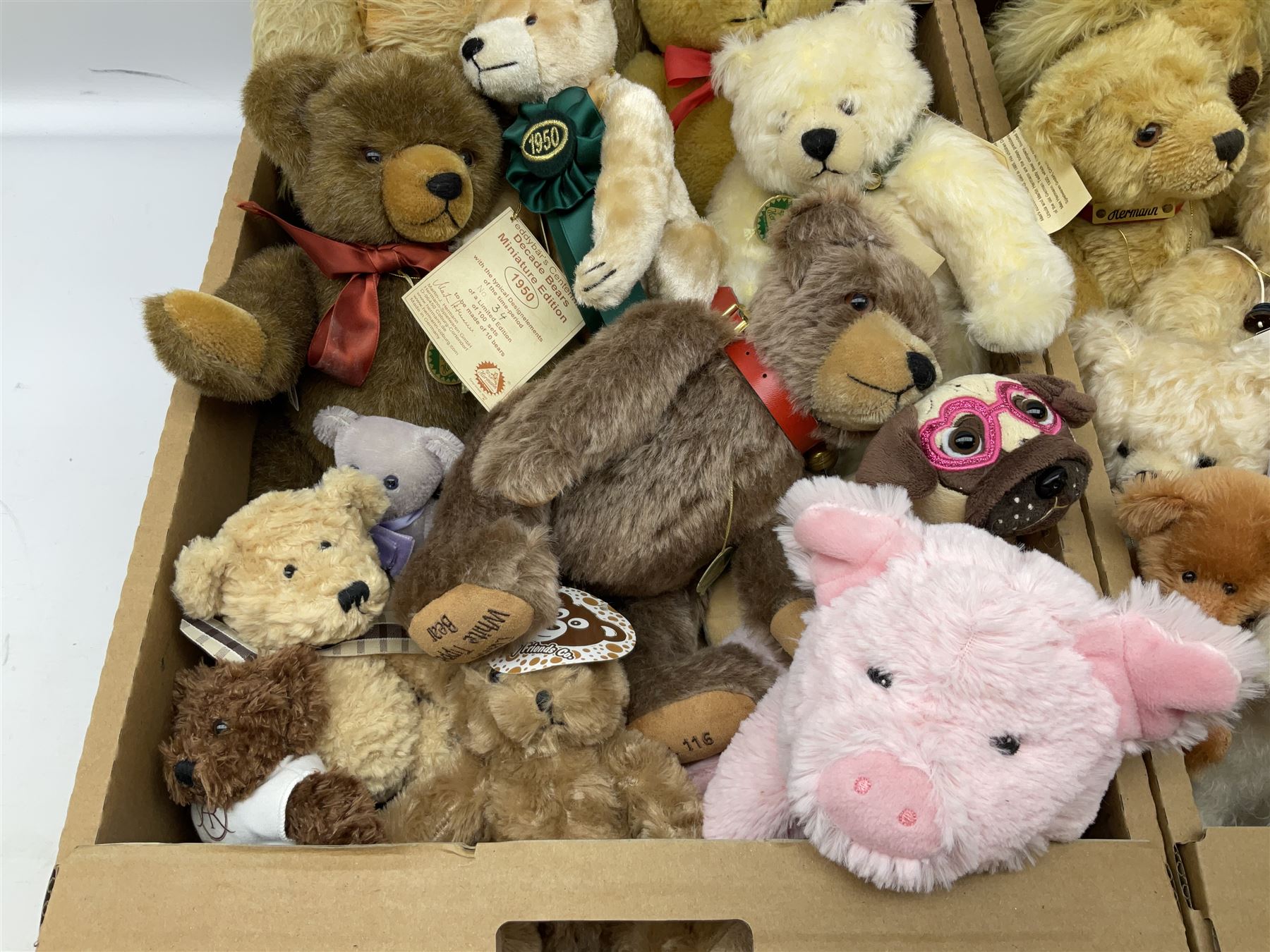 Quantity of teddy bears, predominantly Hermann examples, to include limited edition examples, Little Hilde, Classic Panda Bear, A Handful of Joy, etc, together with Merrythought bear, Martin Germany bears, bear with growler etc in two boxes