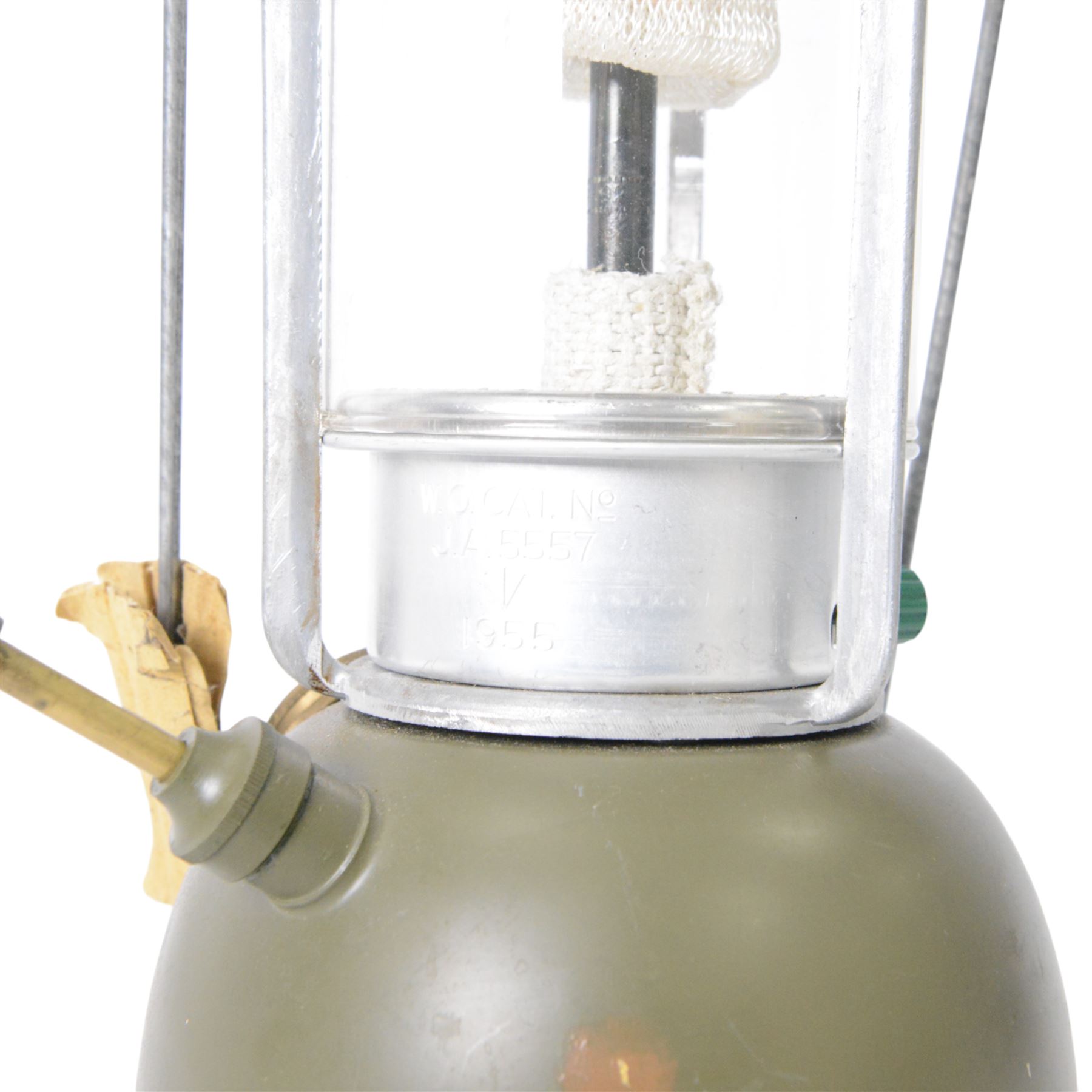 WWI British Officers paraffin lamp by JC & W Lord, Birmingham, complete with carrying case containing fuel can, together with a military issued Bialladin lamp with broad arrow marked 1955