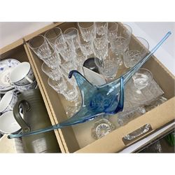 Masons and Furnival Denmark pattern blue and white tea wares, together with a Royal Worcester trinket box, Leedsware bowl and other ceramics and glassware, in four boxes