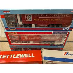 Five Corgi limited edition 1:50 scale lorries, comprising CC13608 M.Kettlewell DAF CF Bulk Tipper, C13518 Volvo FM Feldbinder Tanker, two CC18809 Mercedes Benz Actros Curtainside Pollock Scotrans Ltd and 75205 ERF EC Series Curtainside Pollock Scotrans Ltd, all boxed