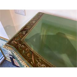Edwardian Adam Revival green-painted and parcel gilt bowfront chest, moulded and foliate carved top painted with trailing floral band, fitted with four drawers decorated with trailing floral festoons, ribbon ties and urns, oval handle plates with engraved decoration and bead cast handles, on turned supports decorated with acanthus leaves and draped festoons 