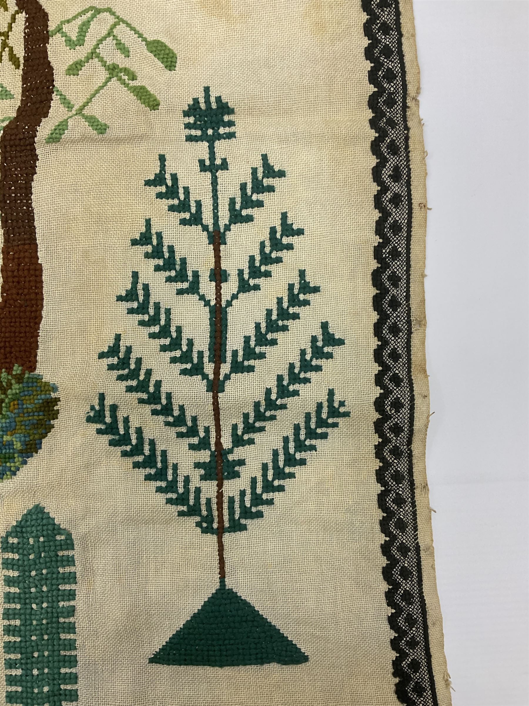 Victorian needlework  picture and verse sampler, 'In memory of Joshua Thomas who died Sep 22nd 1871 age 45', worked by Rebecca Emmott 1872 age 21, H66cm, W61cm 