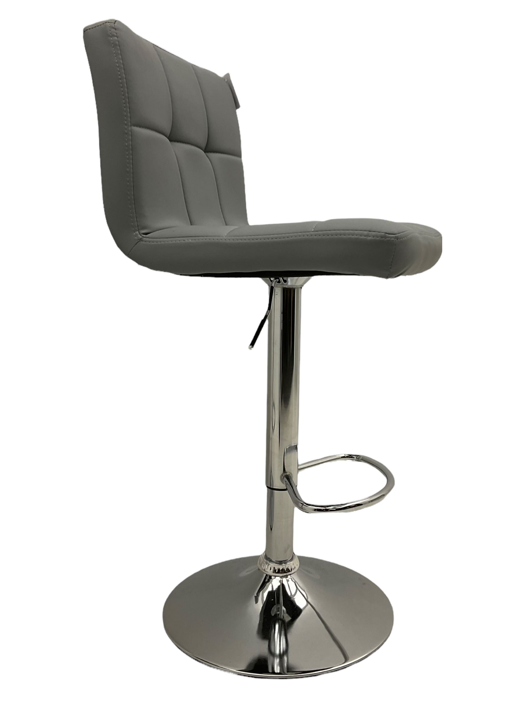 Pair contemporary bar stools, upholstered in grey, on polished metal base