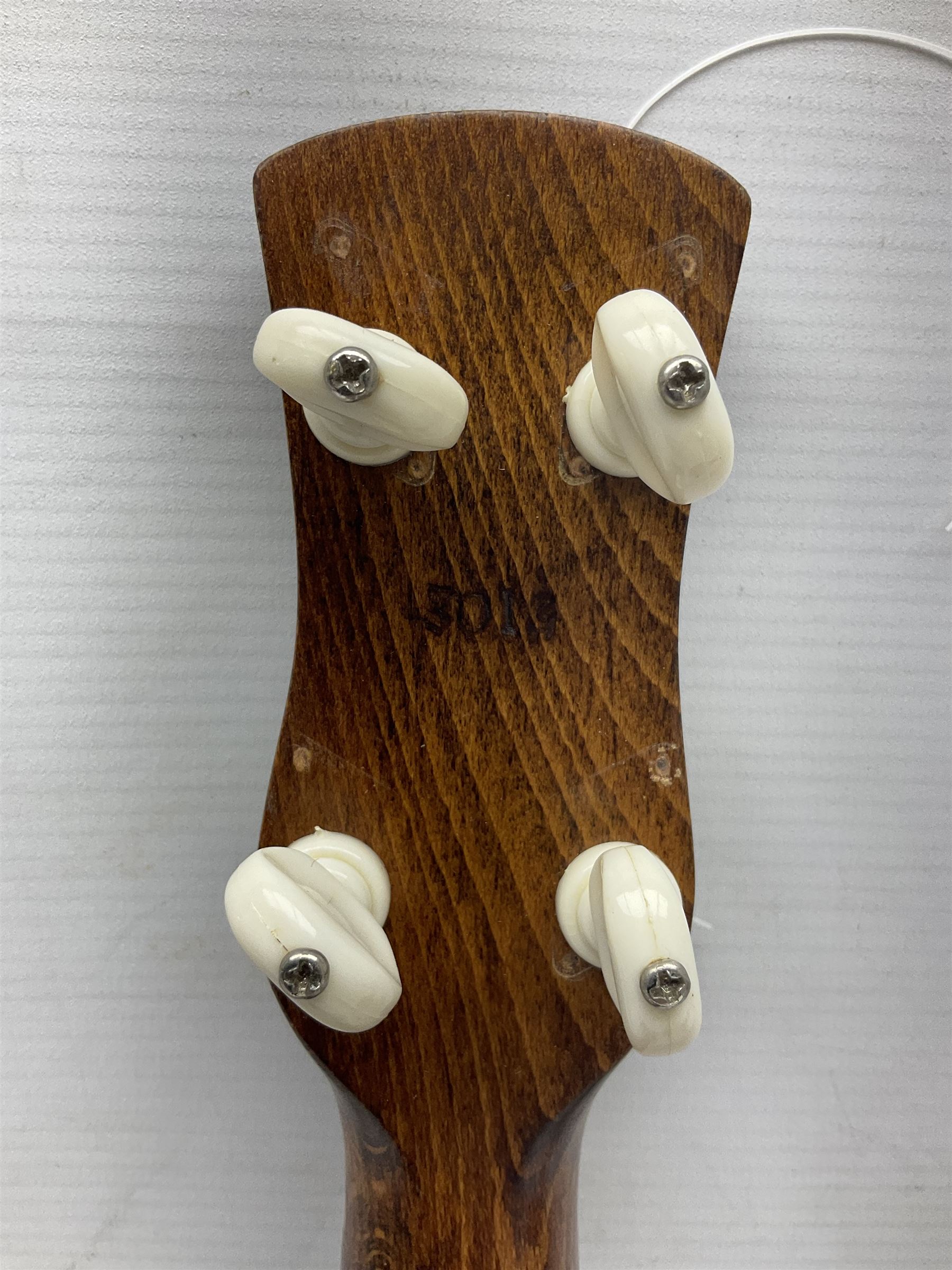 Trumelo BMI banjo ukulele no.3013 L58cm; in soft carrying case; and Kapok Brand guitar shaped ukulele L51cm (2)