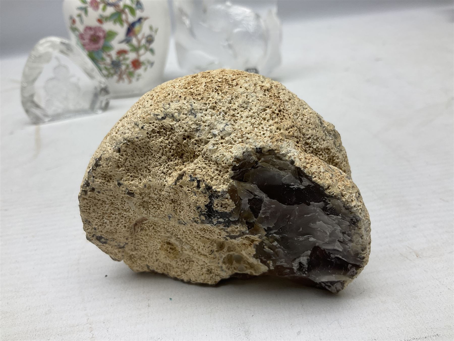 Mats Jonasson of Sweden glass Otter paperweight, Capredoni by Dartington Crystal Crysanthemum paperweight, boxed British Fossils agate geode, silver plated wine bottle coaster and Aynsley vase, etc, all boxed