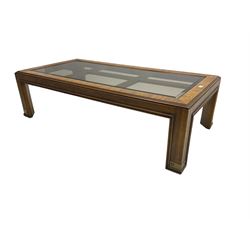 Rectangular walnut finish coffee table, inset bevelled glass top 