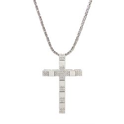 18ct white gold pave set round brilliant cut diamond cross pendant, on 18ct white gold Byzantine link necklace, both stamped Italy 750 