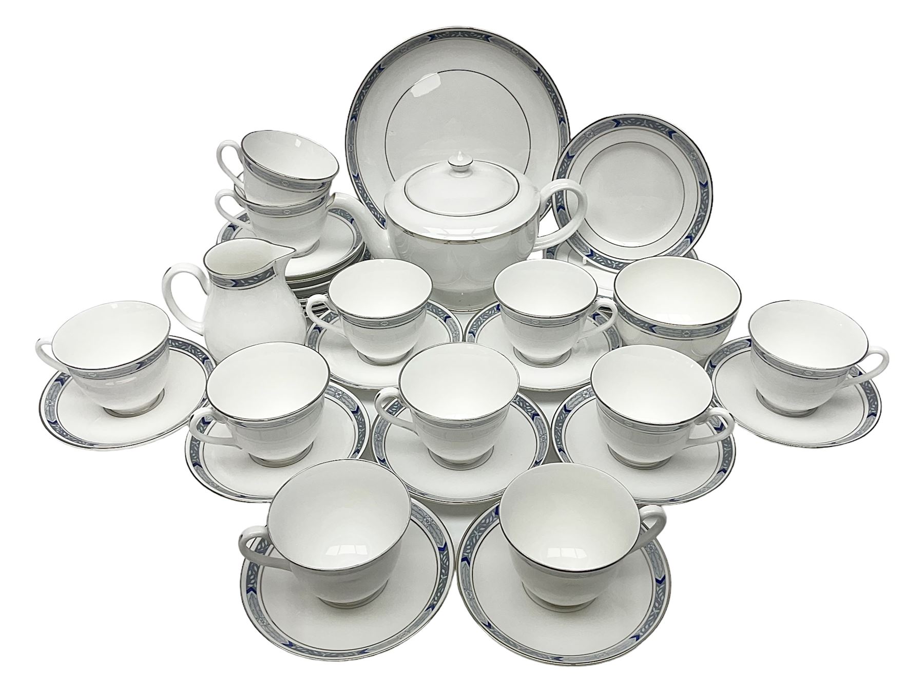 Royal Worcester Beaufort tea service, comprising teapot, milk jug, open saucier, eleven teacups, twelve saucers, eight dessert plates and one cake plate