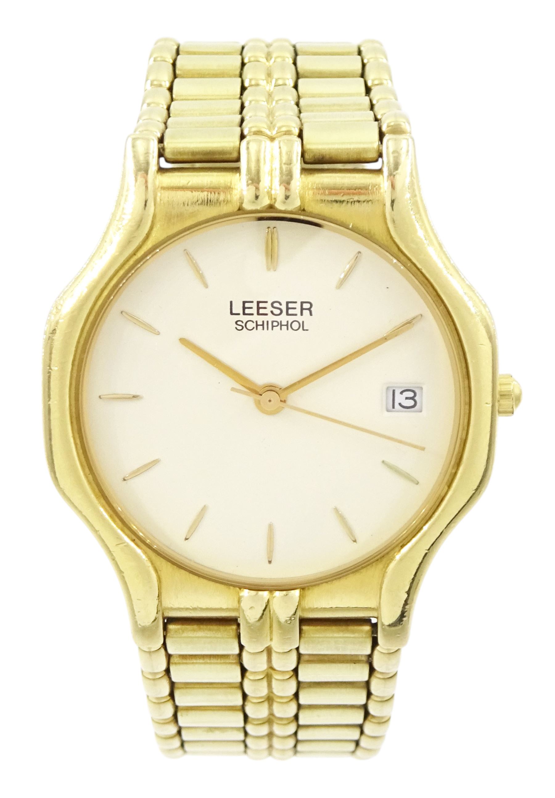 Lesser Schiphol 14ct gold gentleman's quartz wristwatch, cream dial with baton hour markers and date aperture, on integral 14ct gold bracelet, stamped 14K 585