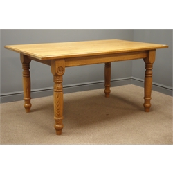  Royal Oak Furniture 'Yorkshire Rose' light oak rectangular dining table with Rose signature, turned supports, W91cm, H76cm, L153cm  