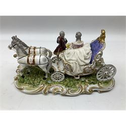 Capodimonte figure group of a horse drawn carriage with two horses pulling an open carriage with a male with dresden lace cuff and a female with full dresden lace skirt,  on a naturalistic base, H15.5cm