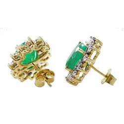 Pair of 9ct gold oval emerald and diamond cluster stud earring, stamped 375