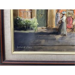 Deborah Jones (British 1921-2012): The Flower Shop, oil on board signed 29cm x 75cm 