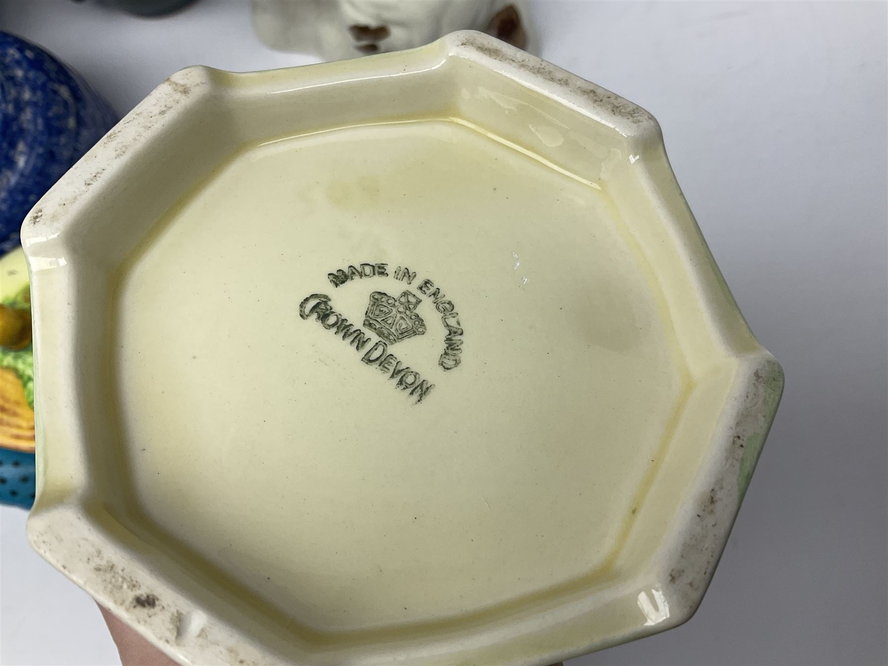 Pair of blue Staffordshire style dogs, together with a smaller brown pair, fish vase, oriental style ginger jar and four preserve jars including a Shelley example