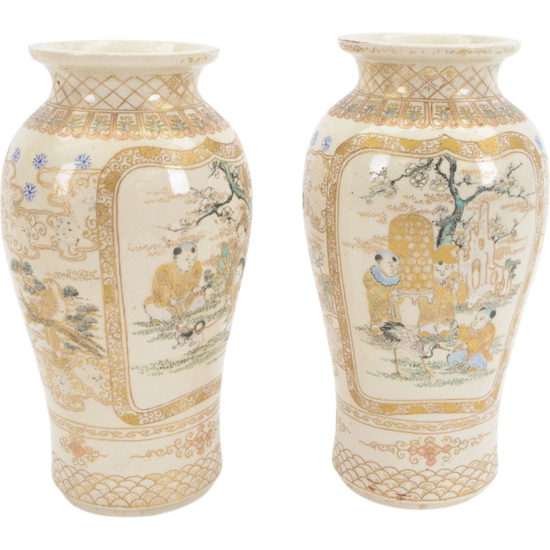 Pair of Japanese Satsuma vases, of baluster form, the panels decorated with immortals and children in a garden, H24cm 