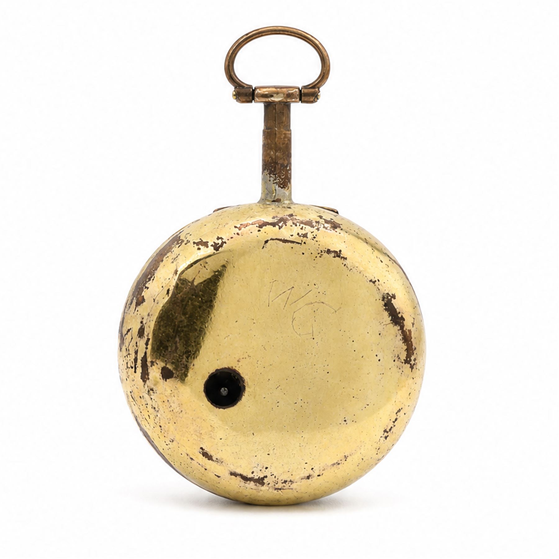 George III gilt pair cased verge fusee pocket watch by Thomas Lyon, London, No. 1902, engraved balance cock decorated with a mask, white enamel dial with Roman numerals and bull's eye glass
