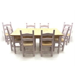 Rectangular painted pine farmhouse table (90cm x 180cm, 78cm), and eight painted dining chairs with rush seats