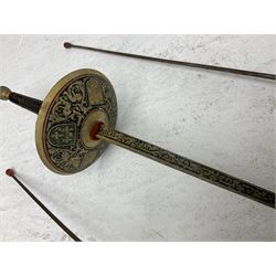 20th century Indian Tulwar sword with 71cm plain curving steel blade and iron hilt with extended langets, knopped grip and spiked pommel; in canvas covered wooden scabbard L87.5cm overall; together with five fencing swords comprising four foils and one epee, three marked Leon Paul, one in carrying case (6)