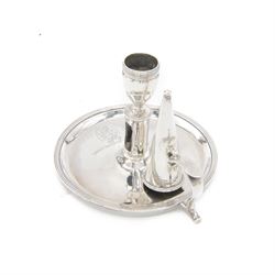 George III silver chamberstick, of circular form with loop handle and conical snuffer, eng...