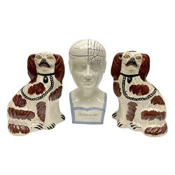 Phrenology head and pair of Staffordshire style dogs 