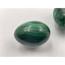 Three malicate specimen eggs, originally part of the collection of the late Stanley J Seeger, largest H7cm