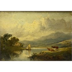 Thomas Featherstone (British 19th century): Cows Resting on a Riverbank, oil on panel unsigned, inscribed verso 11cm x 16cm