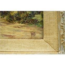 Australian School (Late 19th century): 'A Selector's Hut on Mr Stocks Selection - Croajingolong District - Gippsland Victoria - Australia', oil on canvas signed with monogram WHB, titled and dated 1885 verso 34cm x 44cm