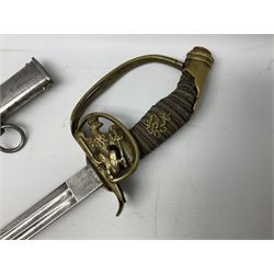 19th Century Prussian Infantry Officers 1889 pattern sword, the 77.5cm double fullered blade with makers mark to the ricasso for Weyersberg Kirschbaum & Co; curved brass top pommel with brass wire bound fish skin grip applied with crowned  Wilhelm II monogram; folding cross guard with Imperial eagle and double bar knucklebow; in polished steel scabbard with single suspension ring L94.5cm overall