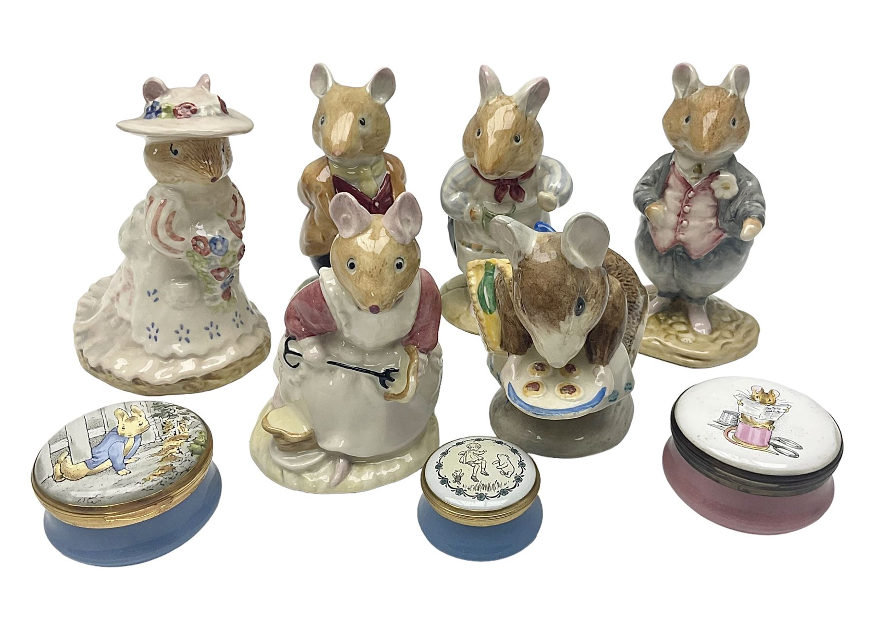 Five Royal Doulton Beatrix Potter figures, comprising Poppy Eyebright, Clover, Lord Woodmouse, Mr Apple and Dusty Dogwood, together with Beswick Appley Dapply figure and three Crummles Beatrix Potter enamel pill boxes