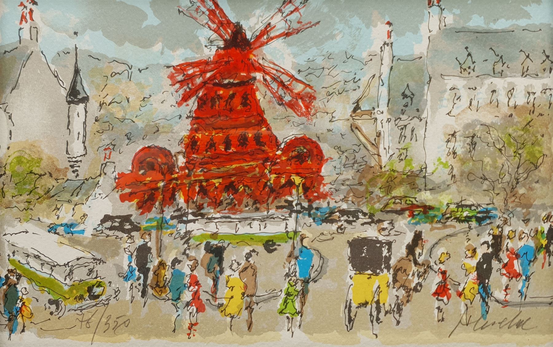 Urbain Huchet (French 1930-): 'Le Moulin Rouge', lithograph signed and numbered 76/350 in pencil 15cm x 24cm; After Max Ernst (German 1891-1976): 'Les Ciseaux et Leur Pere', print 12cm x 11cm; Stas (French/Russian 1978-): 'Une Vague', watercolour signed and dated 2009, 19cm x 39cm, each with COA (3)