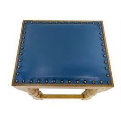 Brian Haw (former Mouseman carver) - Yorkshire oak stool, blue leather upholstered seat with stud band, on octagonal supports joined by plain stretchers