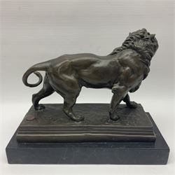After Charles Valton, bronze, modelled as a lion, upon bronze plinth signed C H Valton, with foundry seal for J B Deposee, and black marble plinth base, overall H20cm L26cm