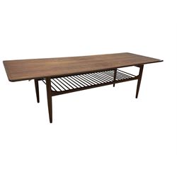 Kofod Larsen for G-Plan - mid-20th century  teak coffee table, rectangular top over spindle slatted undertier, raised on tapering supports 