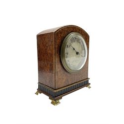 Edwardian-  8-day timepiece mantle clock with a silvered engine turned dial and platform escapement.
