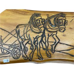 Rustic coffee table, carved with horses ploughing