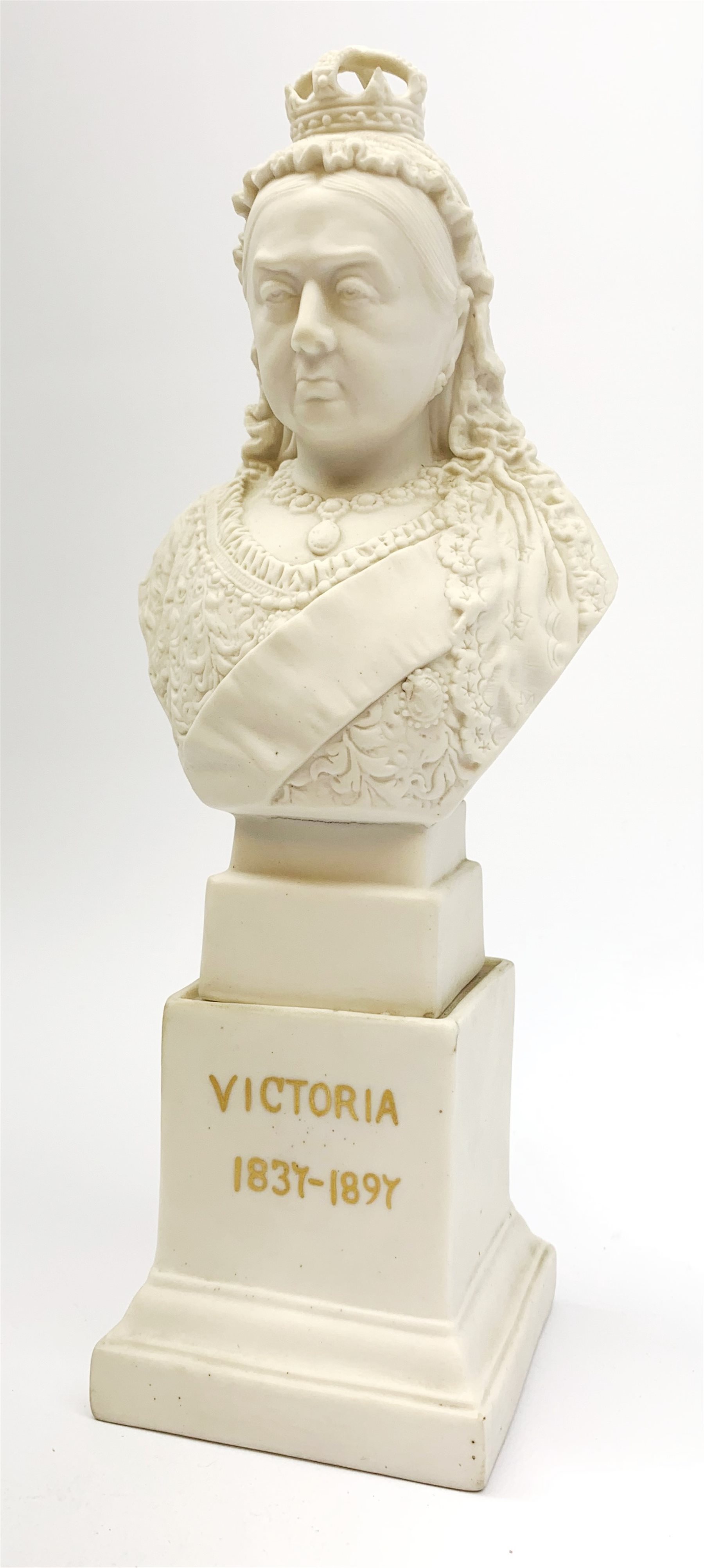 A Robinson and Leadbeater Parian Ware bust, modelled as Queen Victoria, raised upon plinth base detailed in gilt Victoria 1837-1897, and impressed verso Victoria, To Commemorate the 60 year of her reign 1887-1897, with impressed makers mark, H30cm. 