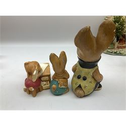 Extensive collection of Pendelfin rabbits and stands, to include Betsy Barge, Fruit Shop, Uncle Soames, Event Piece etc, many with original boxes 