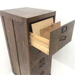 Vintage pine filing cabinet, four drawers, plinth base, W51cm, H131cm, D65cm