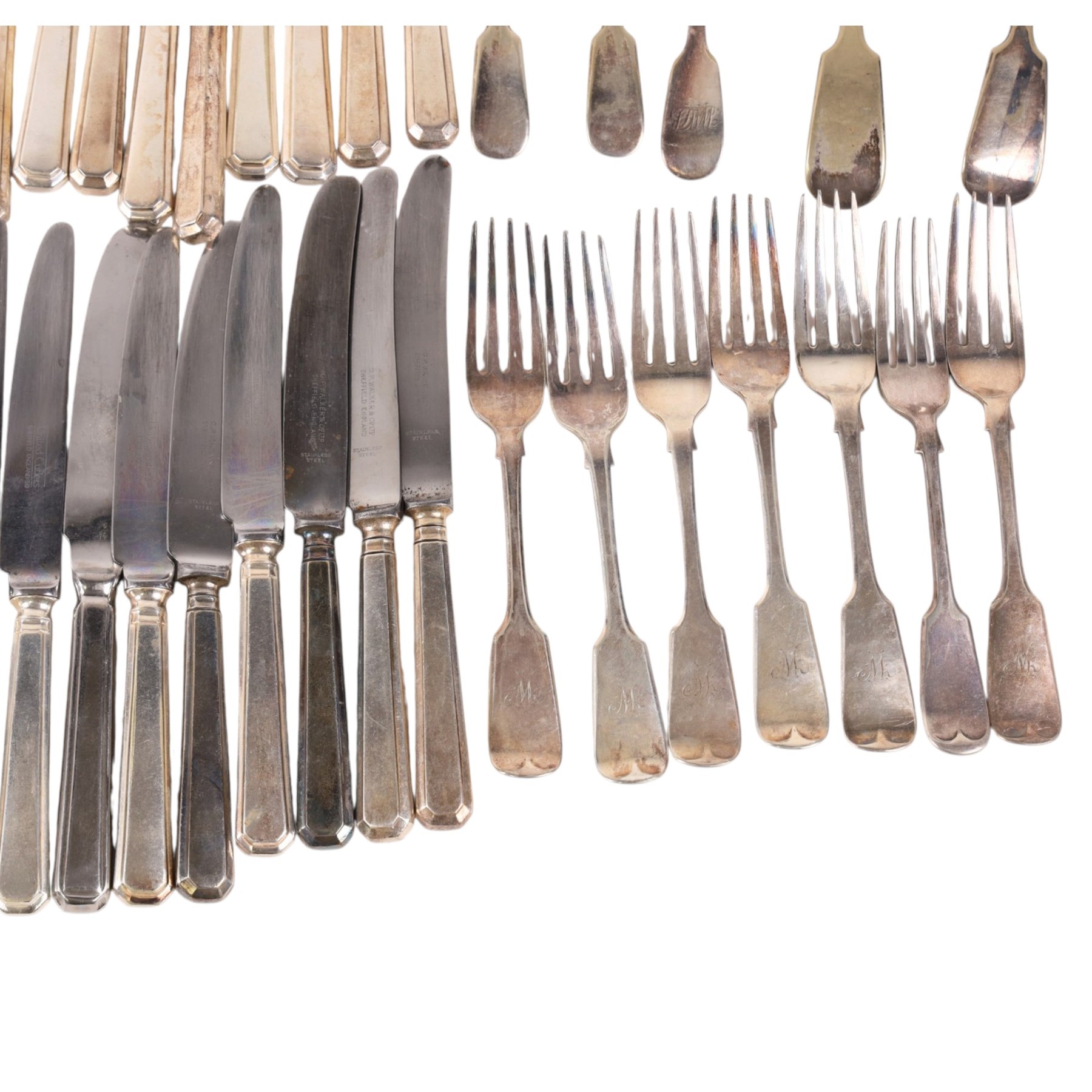 Collection of silver plated cutlery including, ladles, table knives, forks and spoons