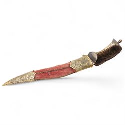 19th century South Indian  dagger (Bichwa) with curved blade, gilt floral damascened grip ...