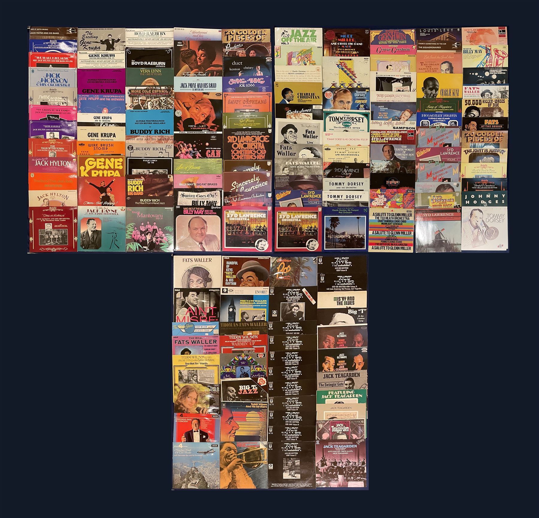 Large quantity of vinyl records, including Glenn Miller 'Major Glenn Miller And The Army Air Force Band Keep On Flying', 'Glenn Miller & His A.A.F. Band', 'The Best Of Benny Goodman' etc, 'Caribbean Ros Edmundo Ros and his Orchestra', 'Teddy Wilson And His All-Stars', 'The Real Fats Waller', 'Swing High Tommy Dorsey', 'The Latin World Of Edmundo Ros Vol.1', 'Command Performance More Music In The Glenn Miller Style Syd Lawrence Orchestra' etc; 'various volumes of 'the works of duke', 'Hey! Heard The Herd? The Woody Herman Big Band', 'The Immortal Al Jolson', 'The Duke Ellington Carnegie Hall Concerts December 1947' etc; set of fourteen Time Life Swing Era LP's together with other Jazz LP box sets including Big Bands Bonanza, In The Groove, The Great Band Era, The Golden Age of British Dance Bands, Jazz at the Philharmonic in 2 vols, approximately 400