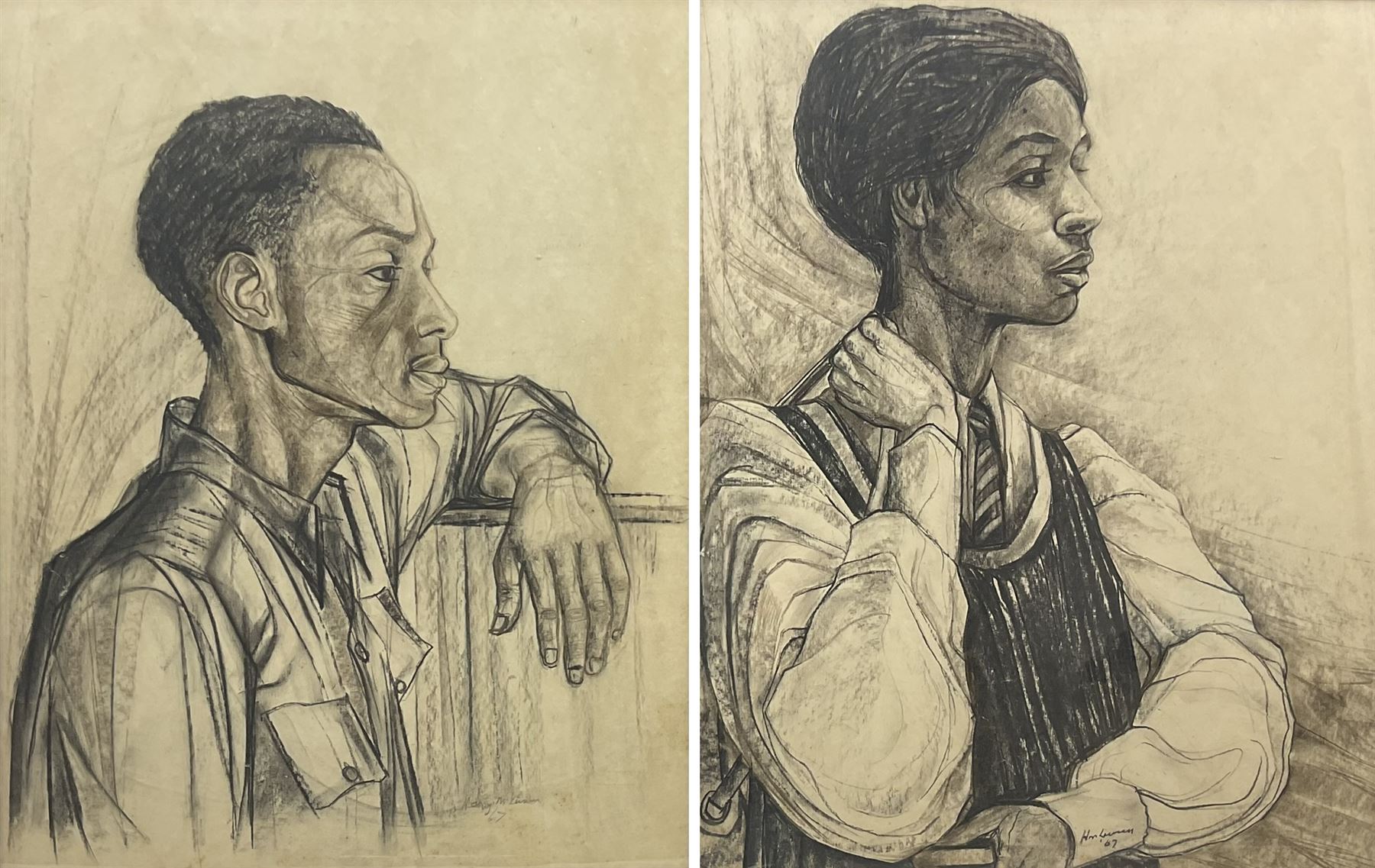 African School (20th century): Male and Female Portraits, pair charcoals indistinctly signed and dated 1967, 59cm x 46cm (2)